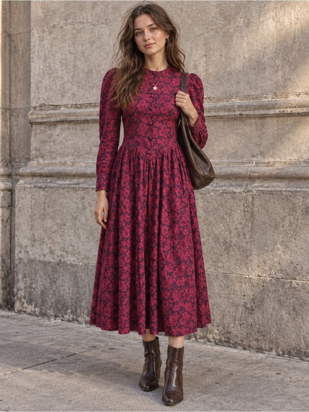 Vintage Laura Ashley Burgundy Floral Prairie Dress Cottagecore Size 10